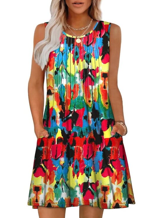 Dresses & Skirts - Women's Floral Red Beach Vacation Casual Crew Neck Sleeveless Sun Mini Dress
